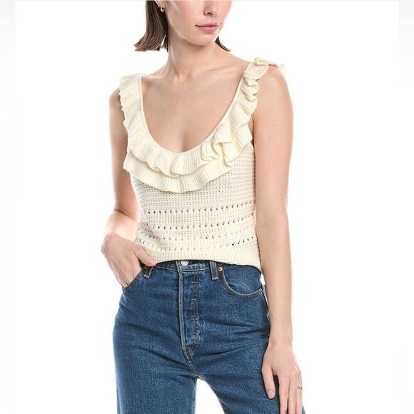 7 For All Mankind Size Small Cream Boho Crochet Ruffle Cropped Tank Top - Picture 1 of 6